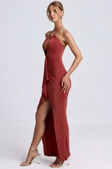 Hardware Detail Cut-Out Halterneck Maxi Dress in Auburn Brown