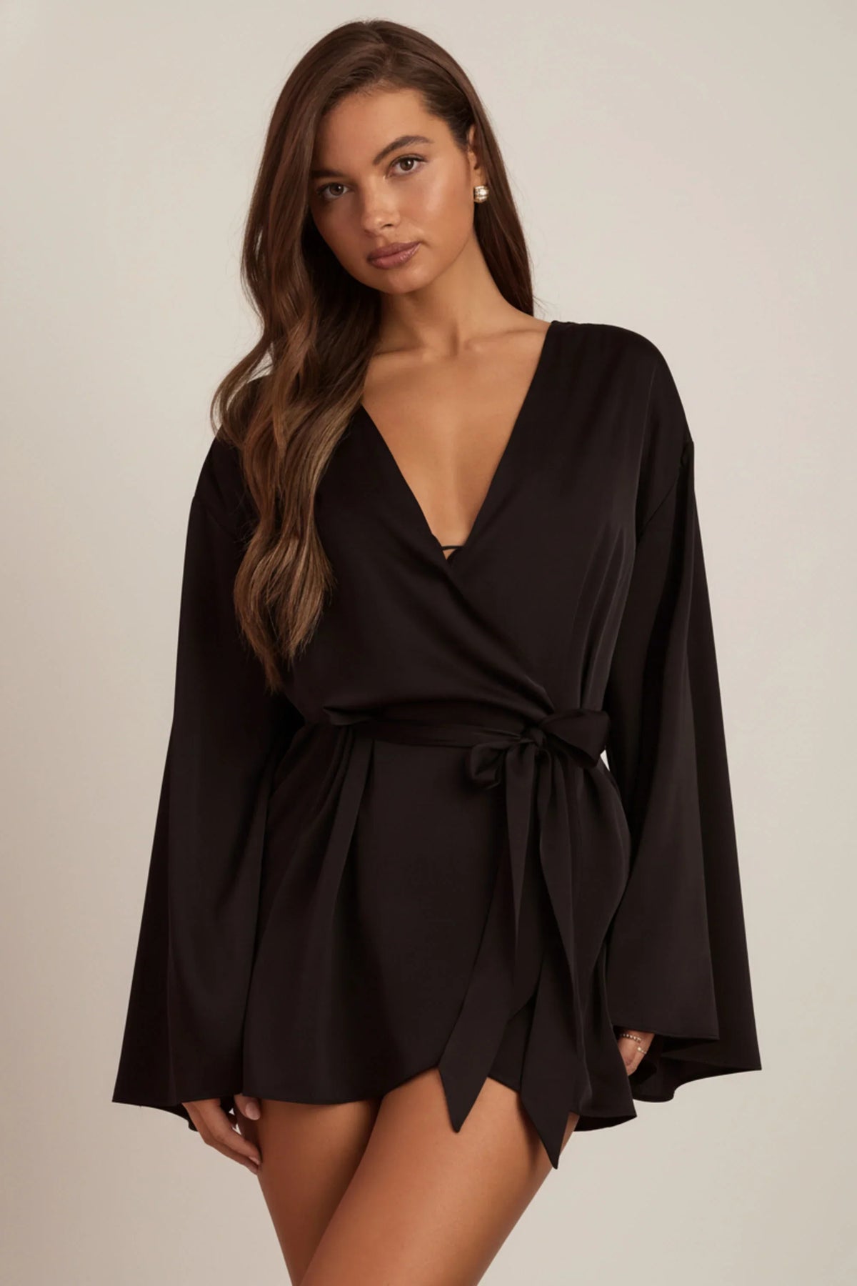 Embellished Loose-Fit Wrap-Over Robe in Black