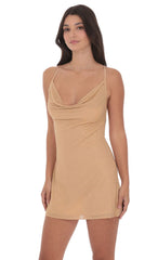 Rhinestone Cowl Neck Dress in Beige