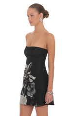 Silver Floral Sequin Mini Dress in Black