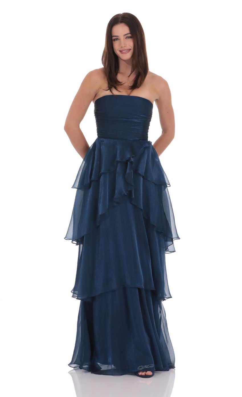 Corset Petal Ruffle Strapless Maxi Dress in Navy