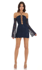 Lace Sequin Off Shoulder Dress in Navy