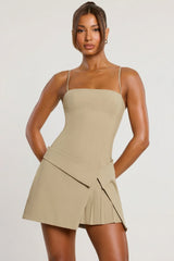Woven Twill Wrap Over Pleated Mini Dress in Taupe