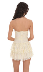 Lace Strapless Ruched Ruffle Dress in Cream