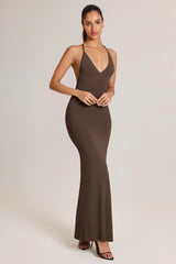 Modal Plunge Backless Maxi Dress in Chocolate Brown