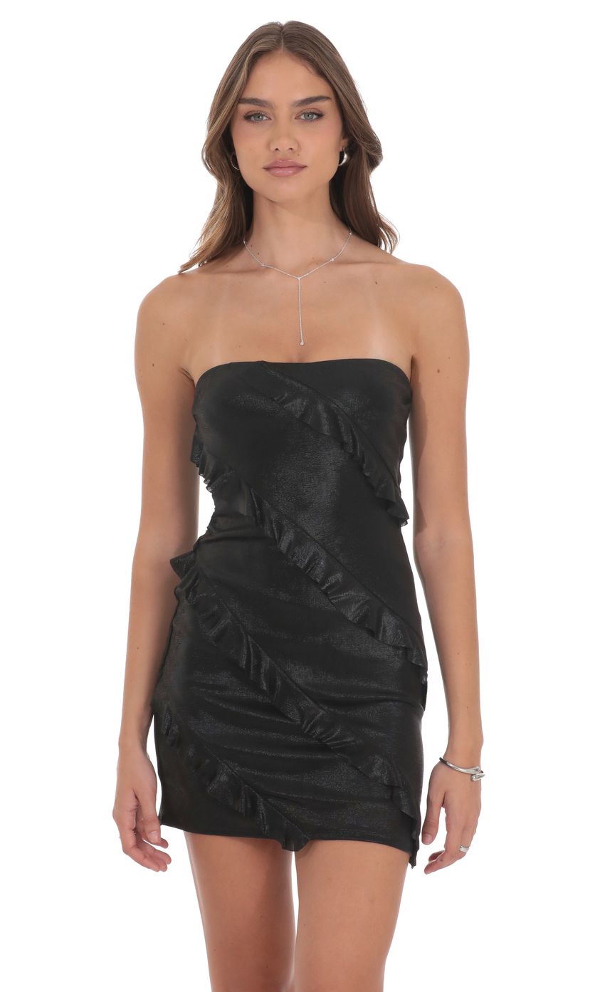 Metallic Ruffle Bodycon Dress in Black