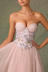 Embellished Lace-Up Cupless Corset in Floral Pink