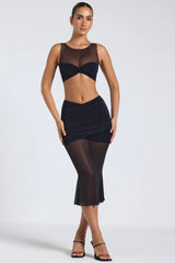 Sheer Panelled Draped Midaxi Skirt in Black