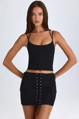 Lace-Up Cargo Micro Mini Skirt in Black