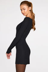Ribbed Modal Long-Sleeve Laced Bra Mini Dress in Black