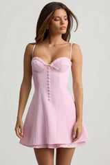 Bow-Detail Scalloped A-Line Mini Dress in Soft Pink