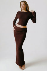 Ribbed-Knit Foldover Maxi Skirt in Espresso