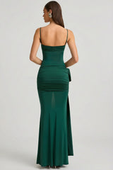Bow-Detail Ruched Maxi Dress in Emerald Green