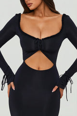 Ruffle-Trim Cut-Out Maxi Dress in Black