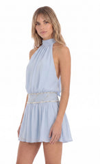Beaded Waist Halter Mini Dress in Light Blue