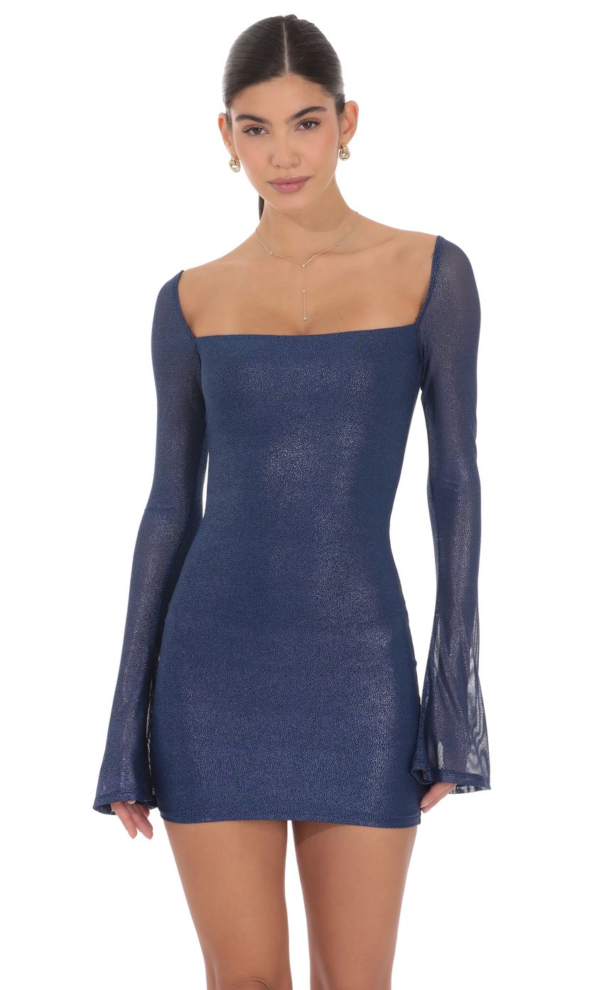 Foil Long Sleeve Bodycon Dress in Navy
