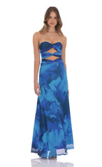 Mesh Floral Cutout Maxi Dress in Blue
