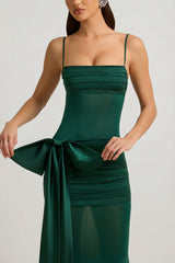Bow-Detail Ruched Maxi Dress in Emerald Green