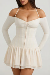 Off-Shoulder Tiered Corset Mini Dress in Ivory