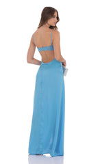 Cowl Neck Satin Open Back Maxi Dress in Light Blue