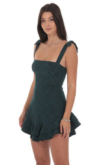 Floral Jacquard Ruffle A-line Dress in Forest Green
