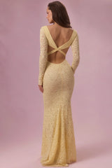Premium Lace Long-Sleeve Maxi Dress in Butter Yellow