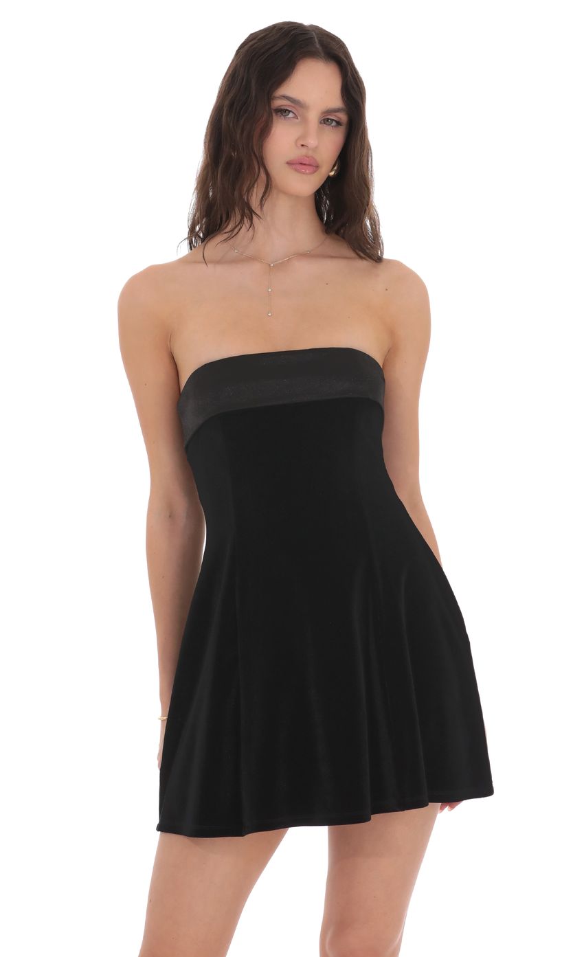 Strapless Velvet Skater Dress in Black