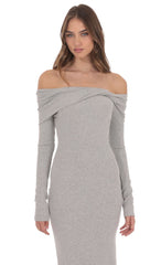 Twist Off Shoulder Maxi Dress in Grey