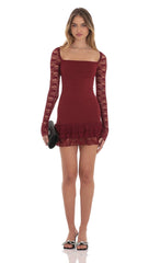 Lace Ruffle Bodycon Dress in Maroon