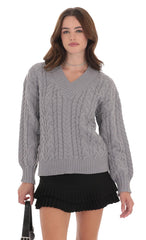Cable Knit V-Neck Jumper in Grey