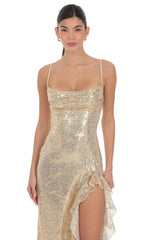 Sequin Ruffle Maxi Dress in Gold