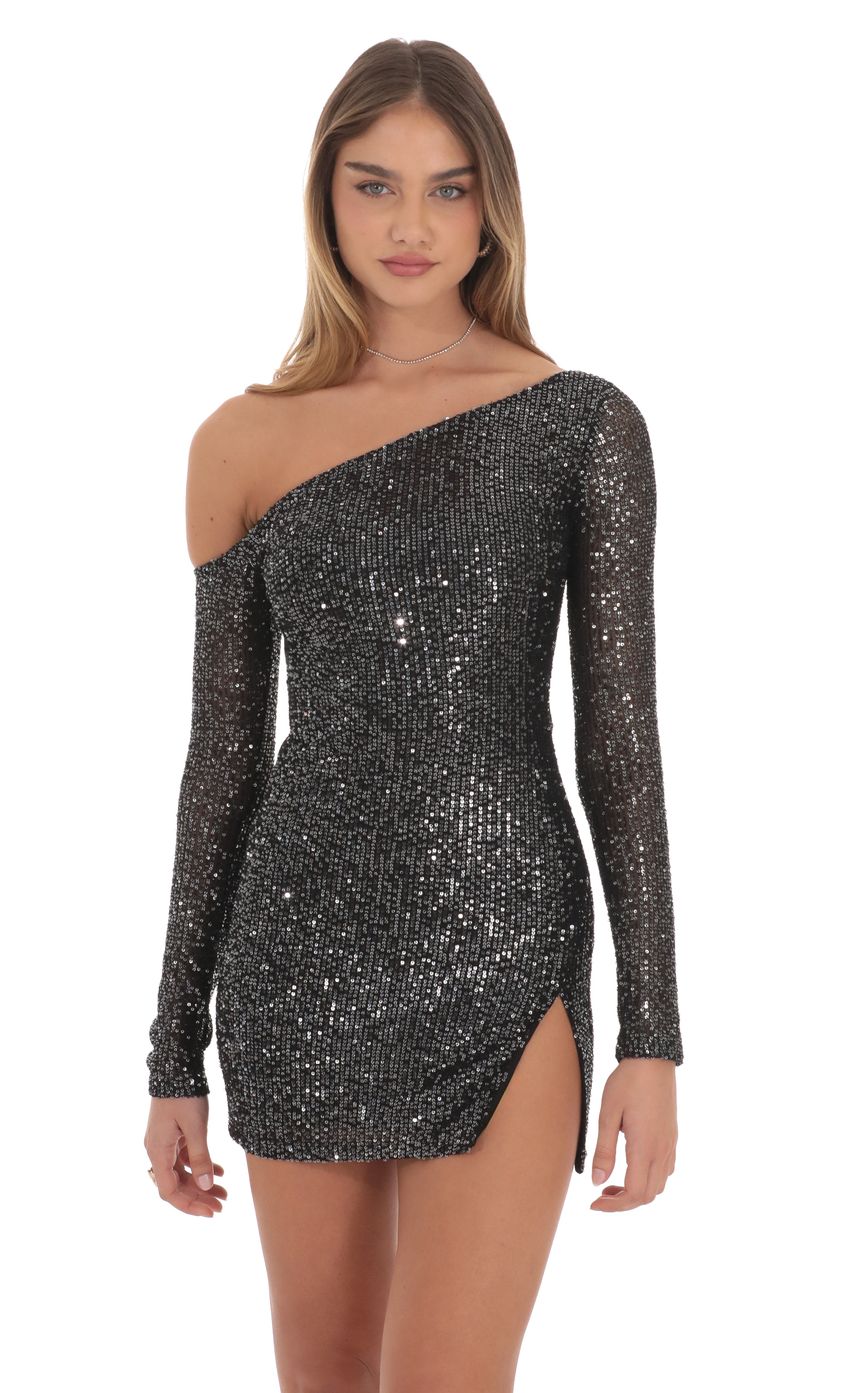 Silver Sequin One Off Shoulder Bodycon Dress in Black
