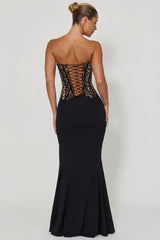 Lace-Up Corset Fishtail Maxi Dress in Black