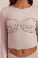 Modal Lace-Trim Appliqué Pyjama Top in Cloud Grey