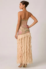 Embellished Ruffle-Trim Strapless Gown in Rose Hotfix