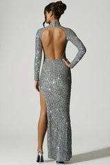 Embellished Open-Back Gown in Silver