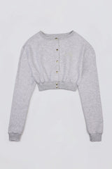 Premium Brushed Jersey Button-Up Cropped Cardigan in Grey Marl