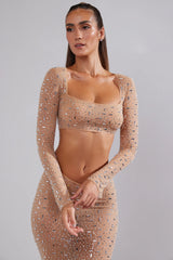 Sheer Embellished Long Sleeve Crop Top in Almond