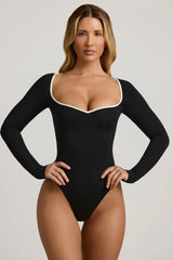 Modal Contrast-Trim Bodysuit in Black