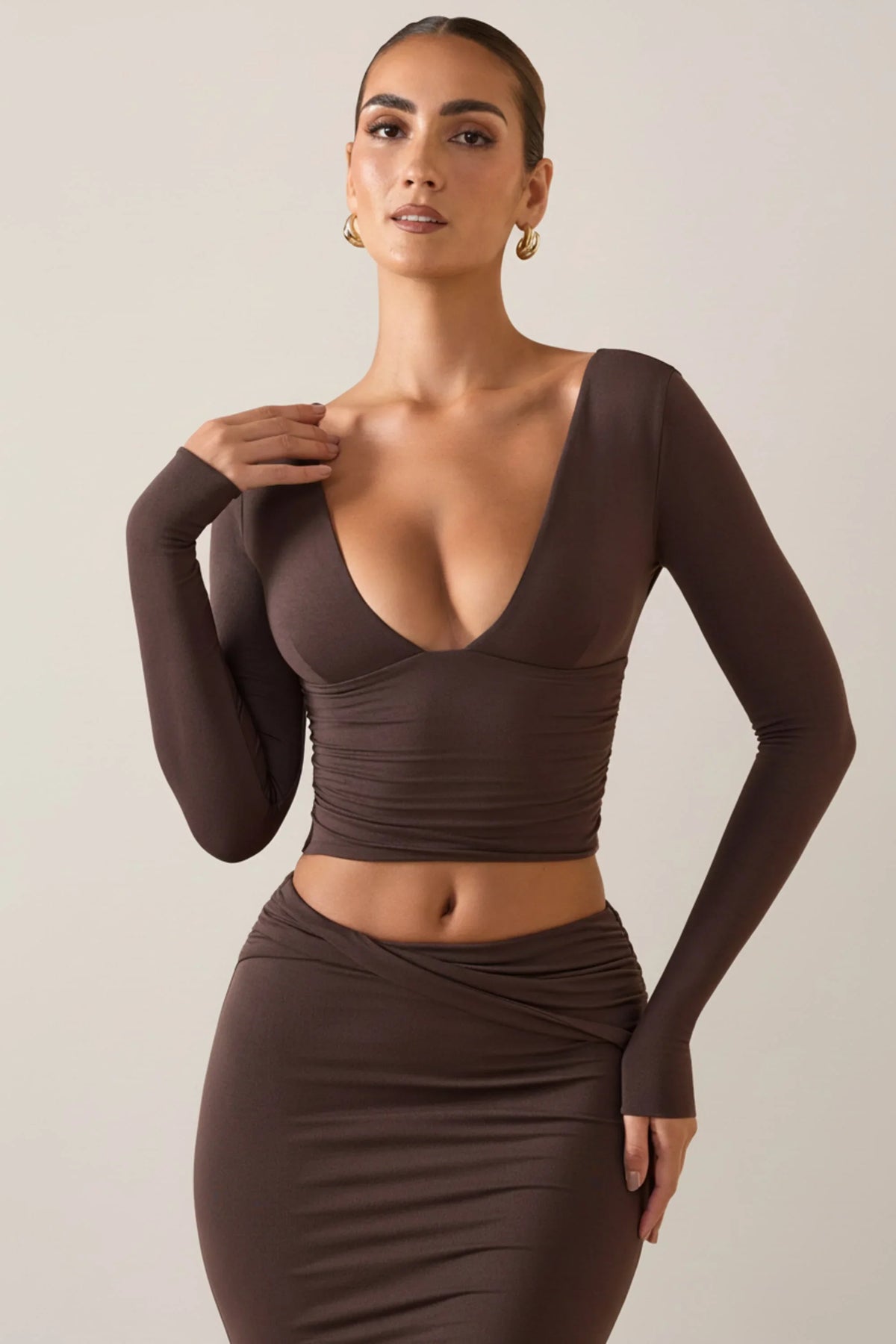 Modal Plunge Long-Sleeve Top in Chocolate Brown