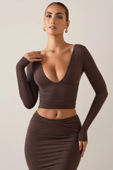 Modal Plunge Long-Sleeve Top in Chocolate Brown