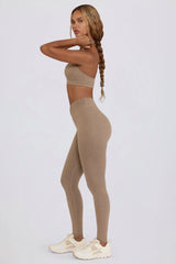 Brushed Jersey Ruched Mid-Rise Leggings in Mocha Marl