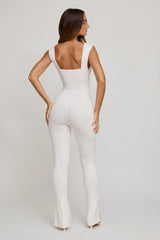 Plunge Neck Ruched Waist Jumpsuit in White