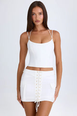 Lace-Up Cargo Micro Mini Skirt in White