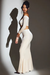 Velvet Off-Shoulder Ruched Crop Top in Ivory