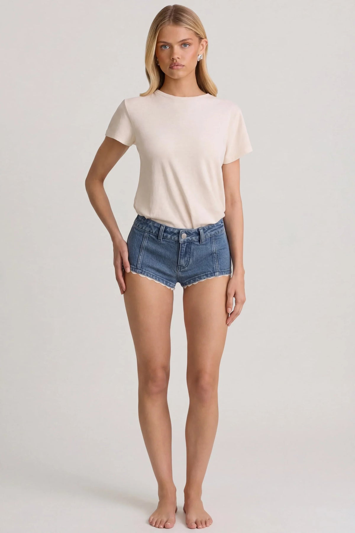 Low-Rise Hot Pants in Mid-Blue