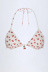 Charm-Detail Triangle Bikini Top in Cherry Print