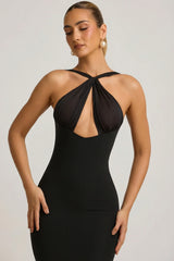 Pearl-Detail Halterneck Maxi Dress in Black