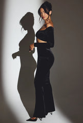 Velvet Off-Shoulder Ruched Crop Top in Jet Black