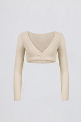 Brushed Jersey V-Neck Crop Top in Ecru